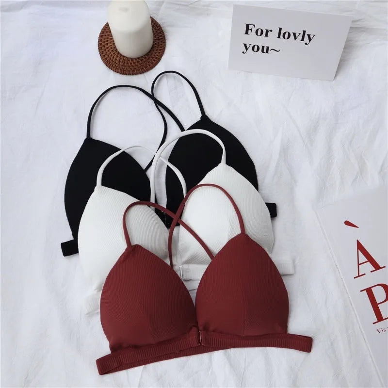 Front Closure Bra Deep V Bras For Women Thin Cross Straps Wire Free Brassiere Pdded Bralette Women's Underwear Sexy Lingerie