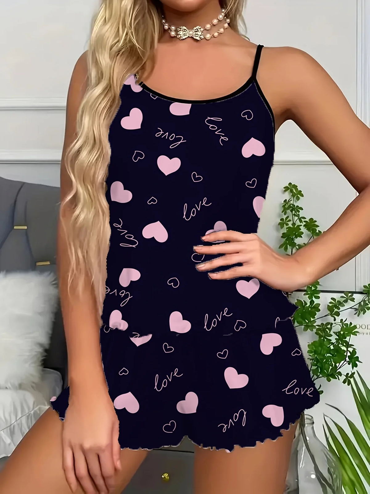 1 Set Sexy Women's Pajama Set,Bow Heart Print Backless Crop Top and Shorts,Comfortable Loose Fit Summer Sleepwear