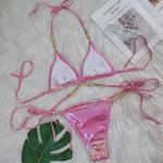 Diamond Rhinestones PU Faux Leather Bikini Female Swimsuit Women Swimwear Two-pieces Bikini Set Bather Bathing Suit Swim V5131