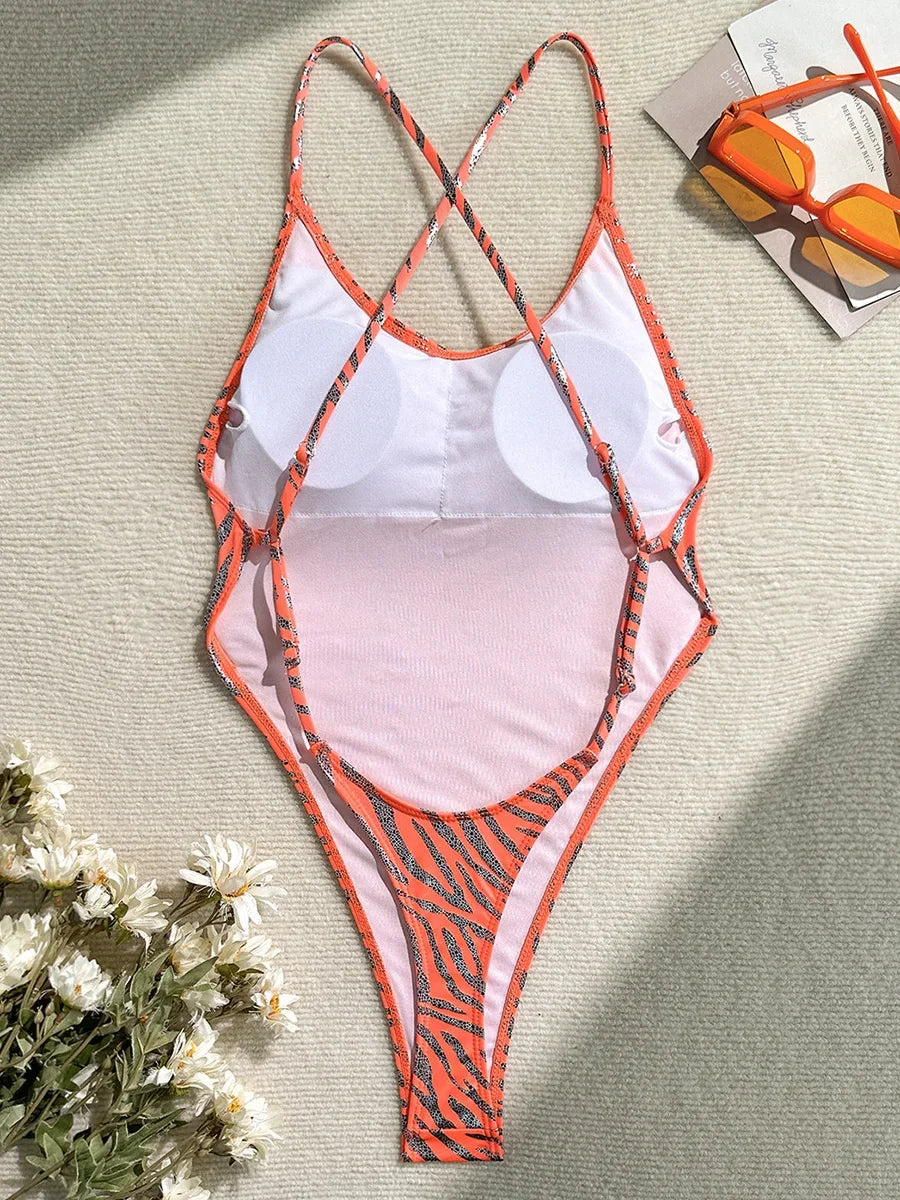 Printed Extreme Mini Micro Thong Women Swimwear One Piece Swimsuit Female Cross Back High Cut Monokini Bather Bathing Suit Swim