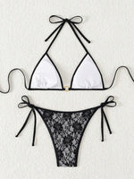 Embroidery Mesh Lace Halter Bikini Female Swimsuit Women Swimwear Two-pieces Bikini Set High Cut Bathing Suit Swim Beach Wear