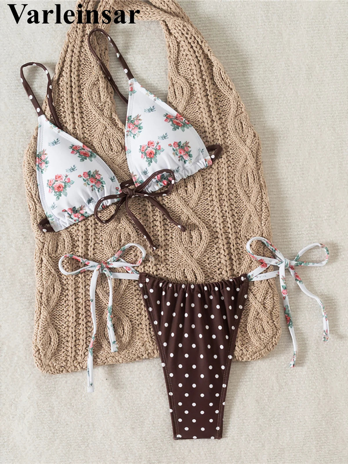 New Floral Flowers Dots High Cut Leg Bikini Women Swimwear Female Swimsuit Two-pieces Bikini set Bather Bathing Suit Swim V6964