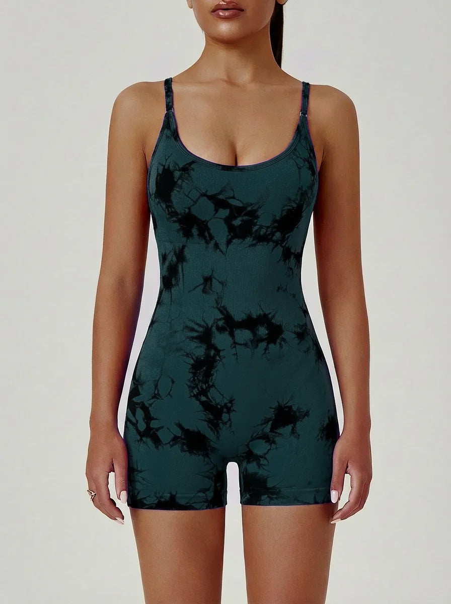 Cross Back Tie-Dye One Piece Yoga Shorts - Stylish Cropped Yoga Jumpsuit for Women