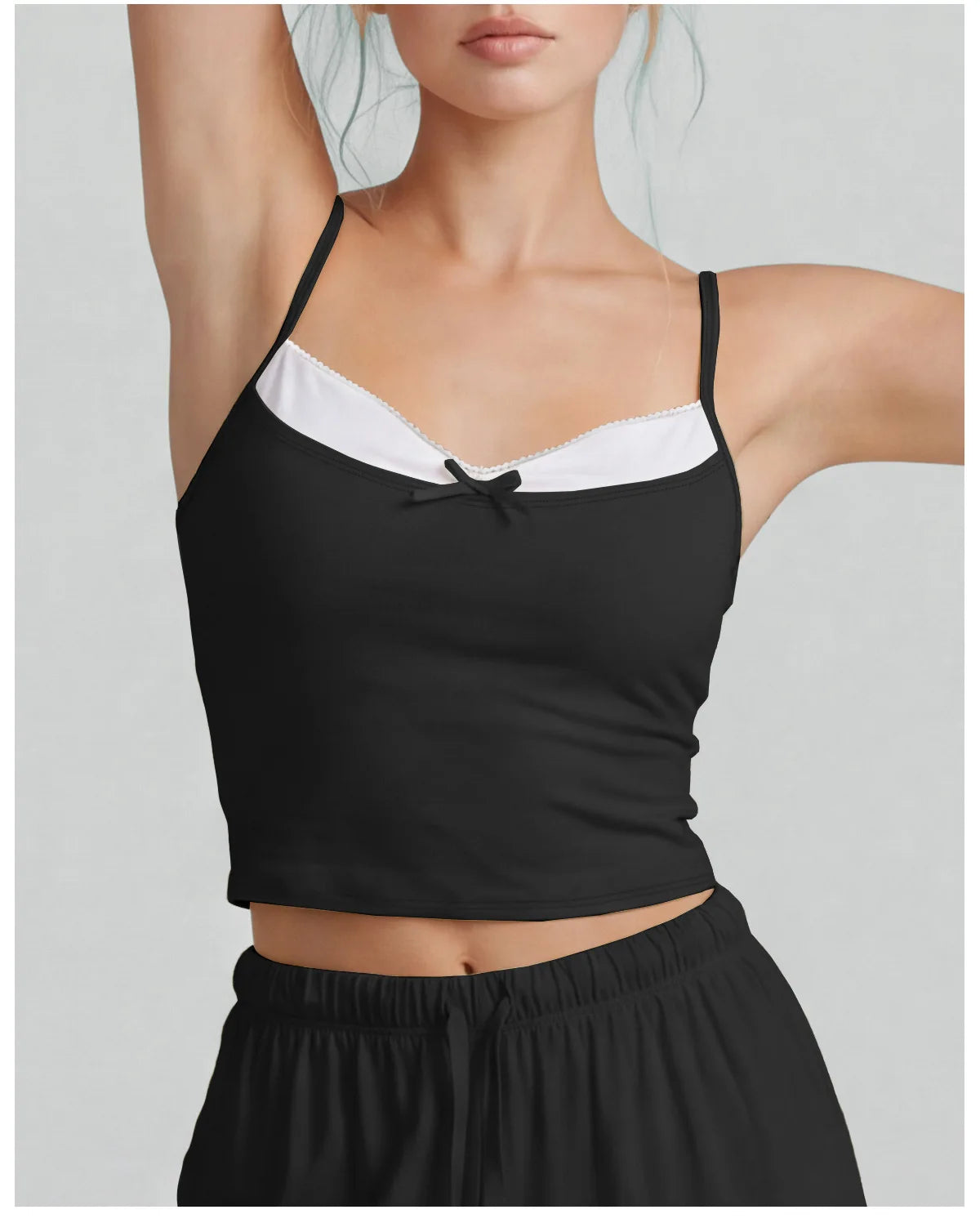 Color-block Fake Two-piece Yoga T Shirts Women Thin Straps Bow Padded Slim Sports Camisole Gym Running Training Fitness Tank Top