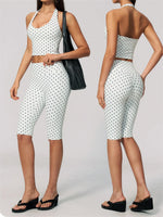 New Summer Women White Polka Dot Print Yoga Sets Hanging Neck Slim Sport Vest High Waist Mid Pants Gym Two-piece Workout Clothes