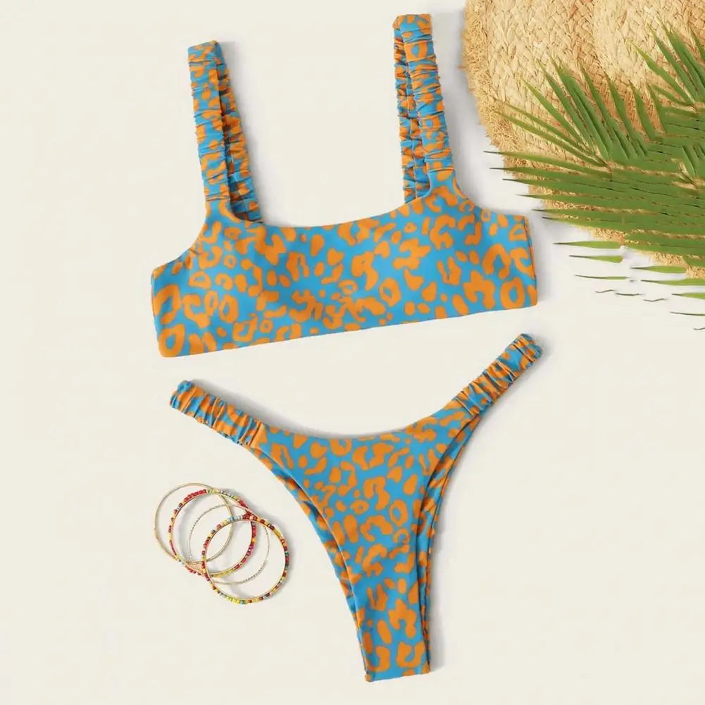2 Pcs/Set Lady Swimwear Set Leopard Print Quick Dry Women Bathing Suit Slim Fit Wireless Summer Bikini Set For Beach