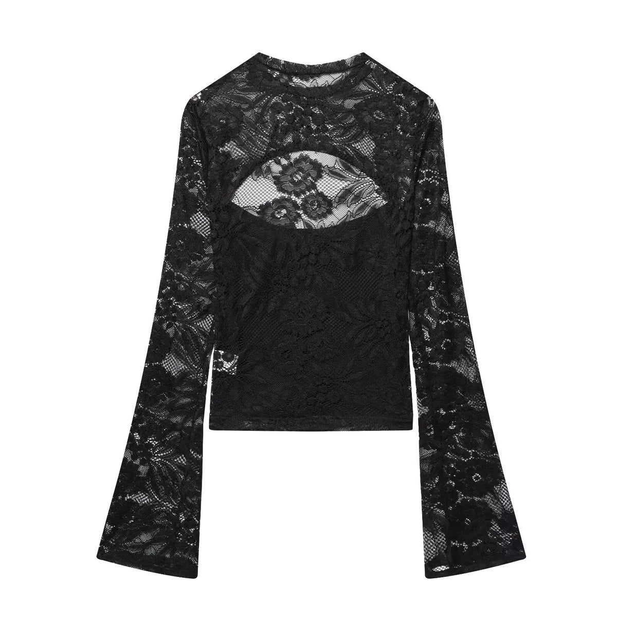 Women's Fashion Casual Lace Patchwork Hollow Bell Sleeve Blouse Women Pack Lace Sleeve Tops Black White Sheer Mesh Casual DOS5