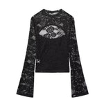Women's Fashion Casual Lace Patchwork Hollow Bell Sleeve Blouse Women Pack Lace Sleeve Tops Black White Sheer Mesh Casual DOS5