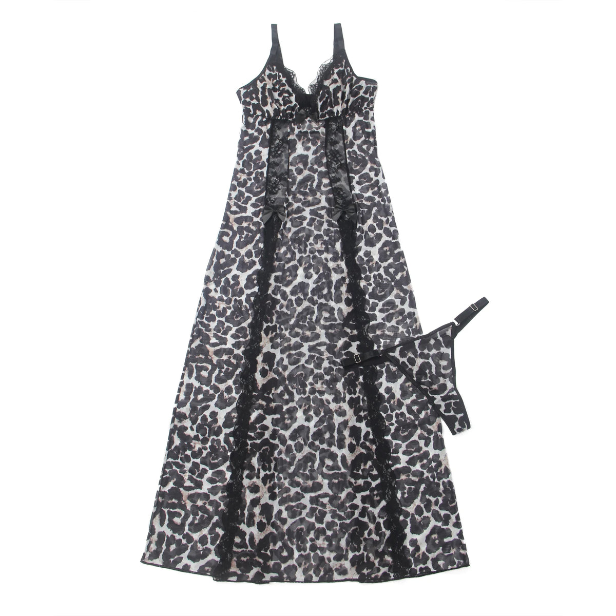 Leopard Print Mesh Lace Nightgown for Women Wild Animal Sleepwear See Through Deep V Long Split Open Back Sexy Lingerie Dress
