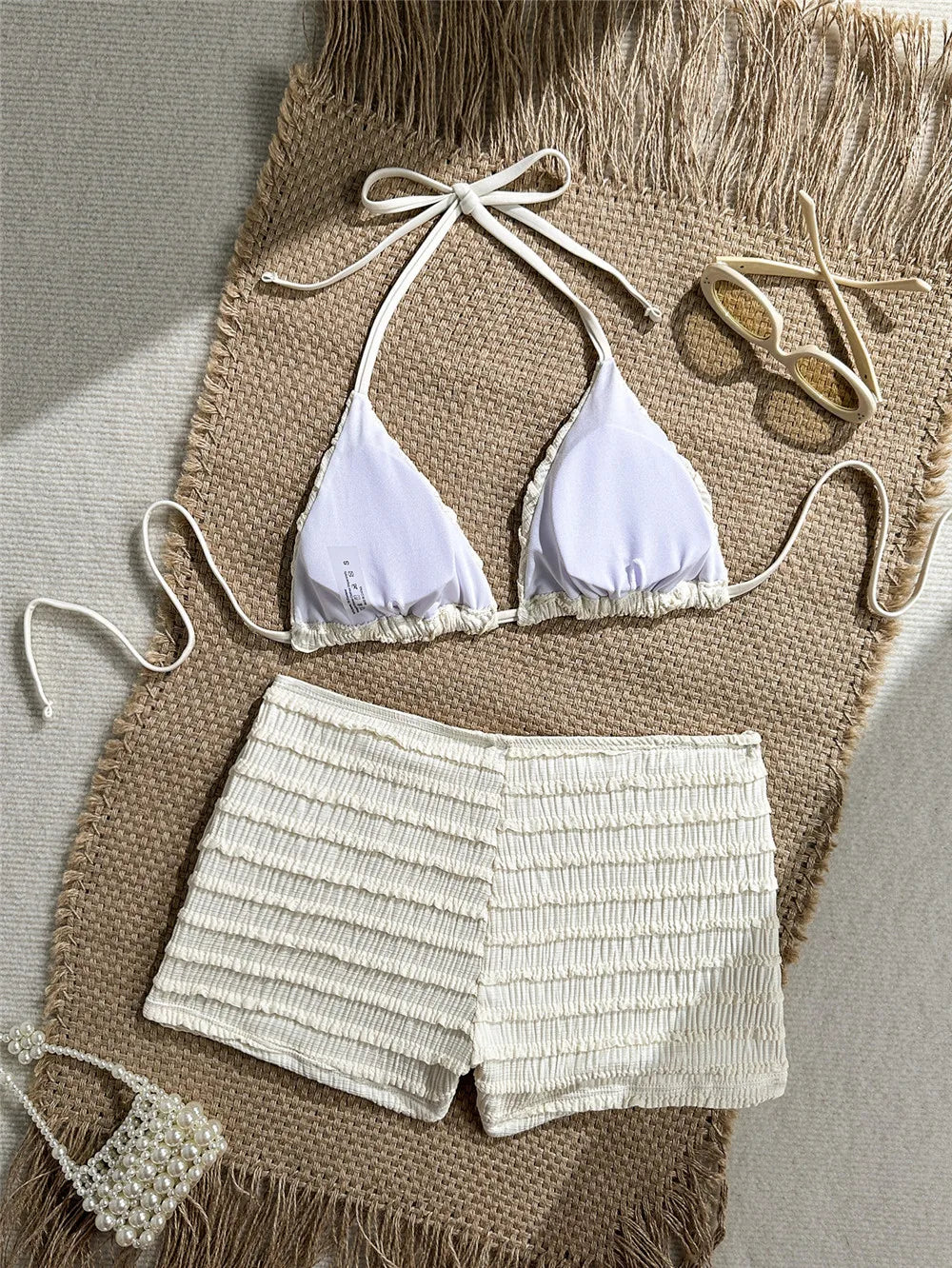 Sequin Starfish light blue Texture Swimwear Sexy Halter String Triangle Bikinis Sets Shorts Bottoms Woman Swimsuit 2026 Bikini