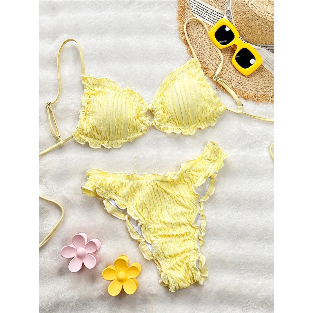 Wrinkled Crinkled Frilled Bikini Female Swimsuit Women Swimwear Two-pieces Bikini set Brazilian Bather Bathing Suit Swim V8053