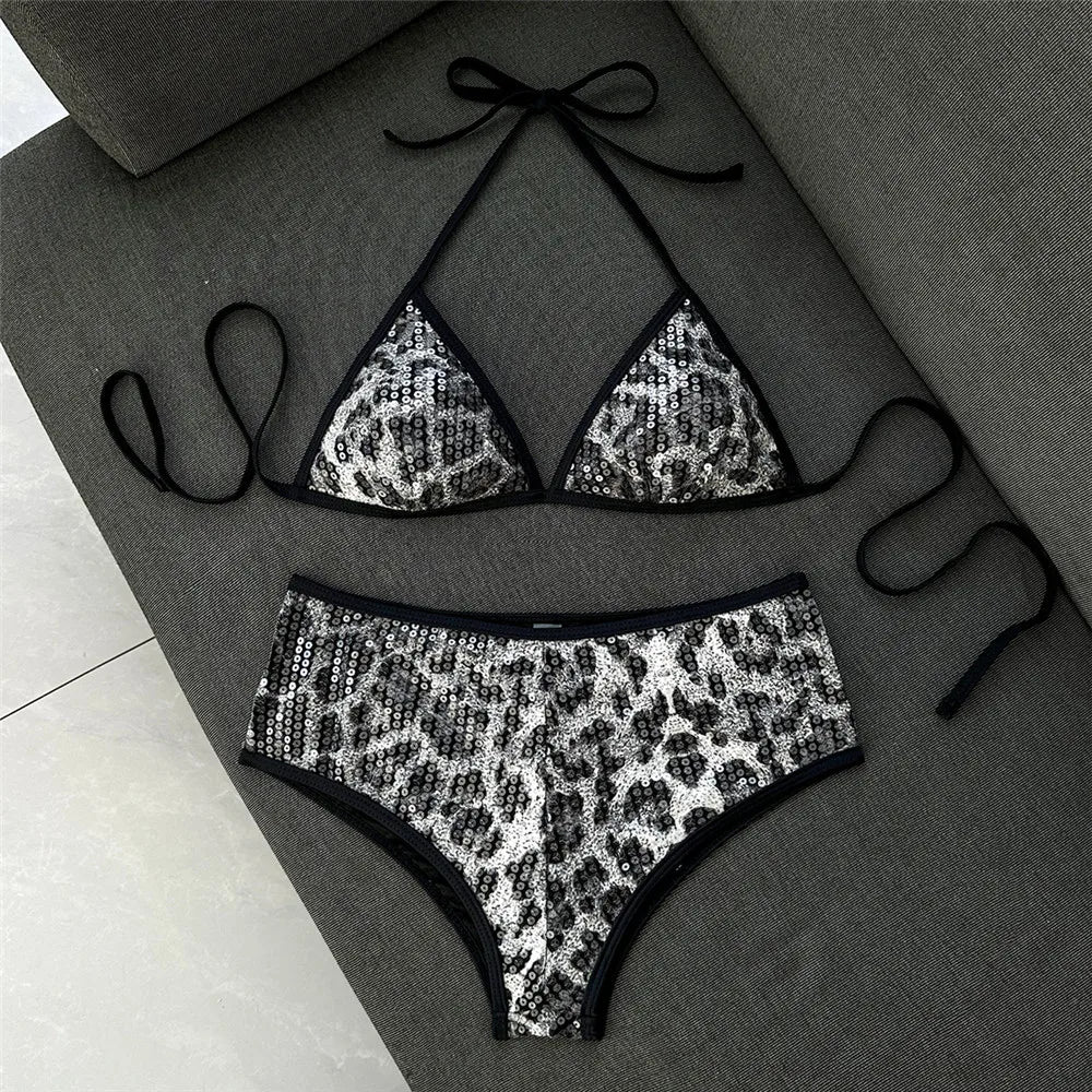 Sexy Brown Leopard Sequin Swimwear Halter String Triangle Bikini Femmes Women 2026 Micro Thong Swimsuit Bikinis Sets De Mujer