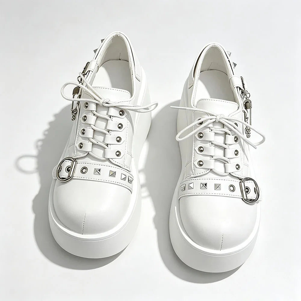 New Arrival Gothic Black Rivets Platform Creepers Shoes White Chain Decor Goth Creepers Chunky Lace Up Lolita Casual Shoes