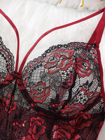 Wine Red Rose Floral Embroidery Mesh Babydoll Lingerie Set Underwire Nightgown With Matching Thong Women Sleepwear ZA825133
