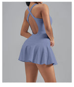 Women's Color Blocked Tennis Dresses Women Hollow Back Cross One Piece Sports Suits Built in Shorts with Pocket Yoga Golf Skirt