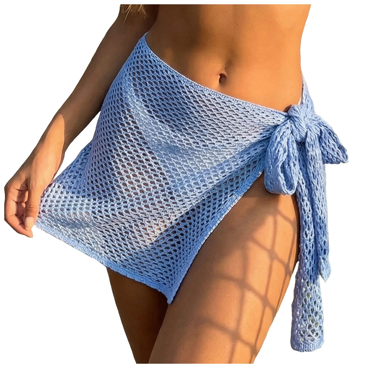 Women Crochet Knit Beach Cover Up Skirt Tie Side Holllow Out Mesh Mini Skirt Bow Knot Swimsuit Coverup Summer Vacation Beachwear