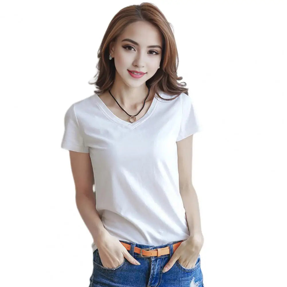 Women Summer T-shirt V-neck Short Sleeve Slim Fit T-shirt Solid Color Pullover Tops Women Bottoming Shirt Streetwear