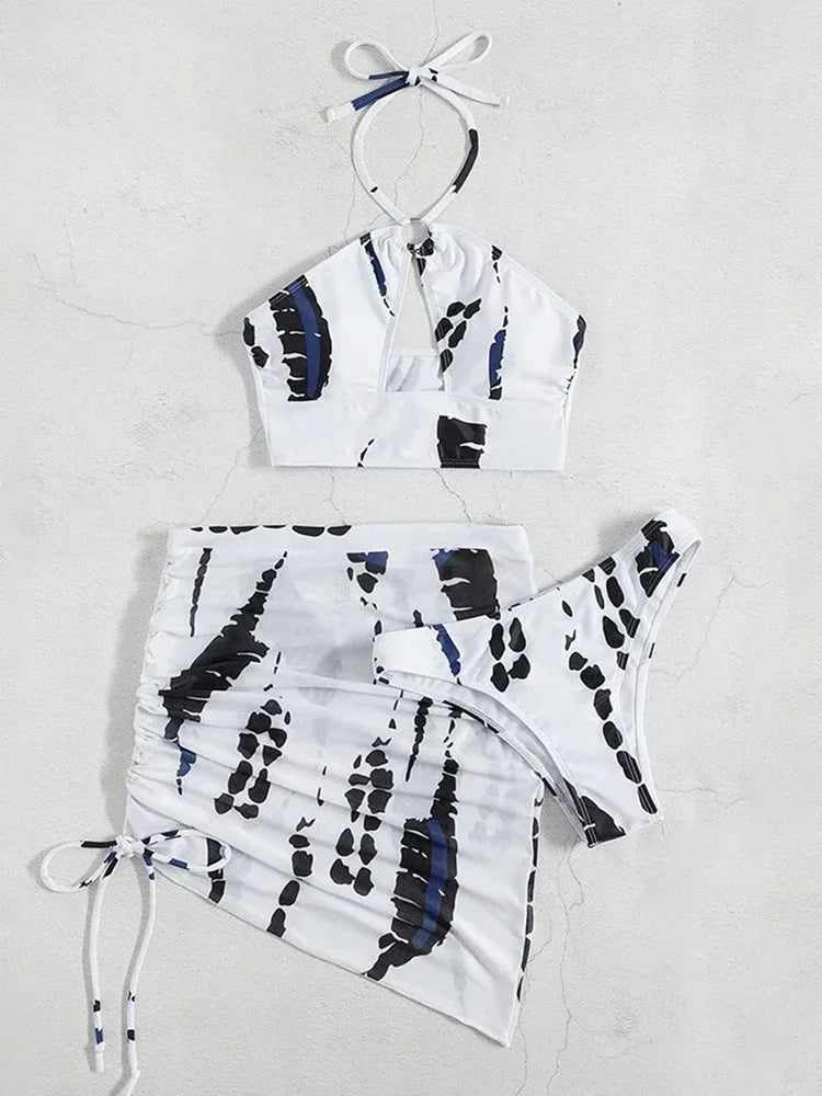3PCS With Mesh Skirt Halter Bikini Female Swimsuit Women Swimwear Three-pieces Bikini Set Hollow Out Bathing Suit Swim Beachwear