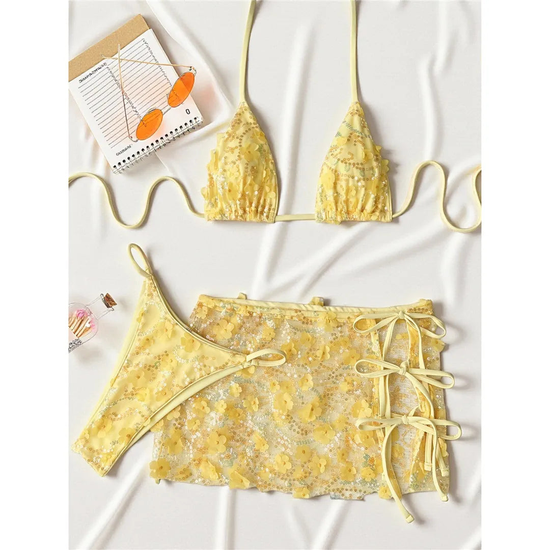 S - XL Three-pieces Bikini set With Skirt Flowers Sequins Bikini Female Swimsuit Women Swimwear Bather Bathing Suit Swim V7864