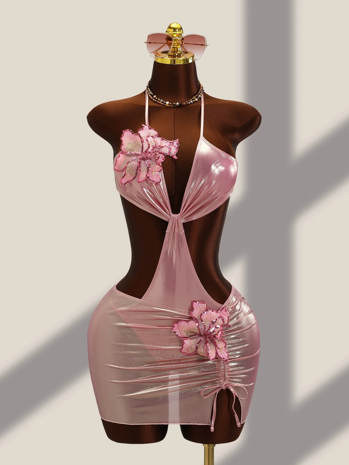 DEKA 2026 New Shiny Pink Flower One Piece Swimsuit High Cut Sleeveless Glossy Bodysuit Sexy Back Monokini Swimwear Beachwear