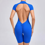 Padded Backless Yoga Cycling jumpsuitWomen Zipper GYM Sportswear Fitness One Piece Sports Suit V Back Workout Playsuit