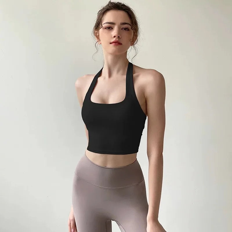 Women's Yoga Sports Bra Sexy Neckband Chest Cushion Beautiful Back Fashionable Pleat Gathering Sports Bra for Fitness