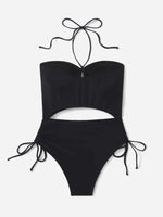 2026 Drawstring Swimsuit Solid Cut Out Knot Halter One Piece Swimwear Women Padded Bathing Suit Female Swimming Summer Beachwear