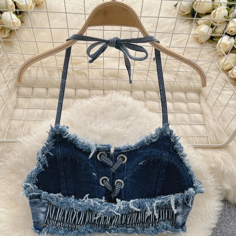 Bathing Suit Women Sexy Denim Suits Bikini Set Lace Up Drawstring Beachwear 2025 Solid Summer Vintage Two-pieces Swimwear