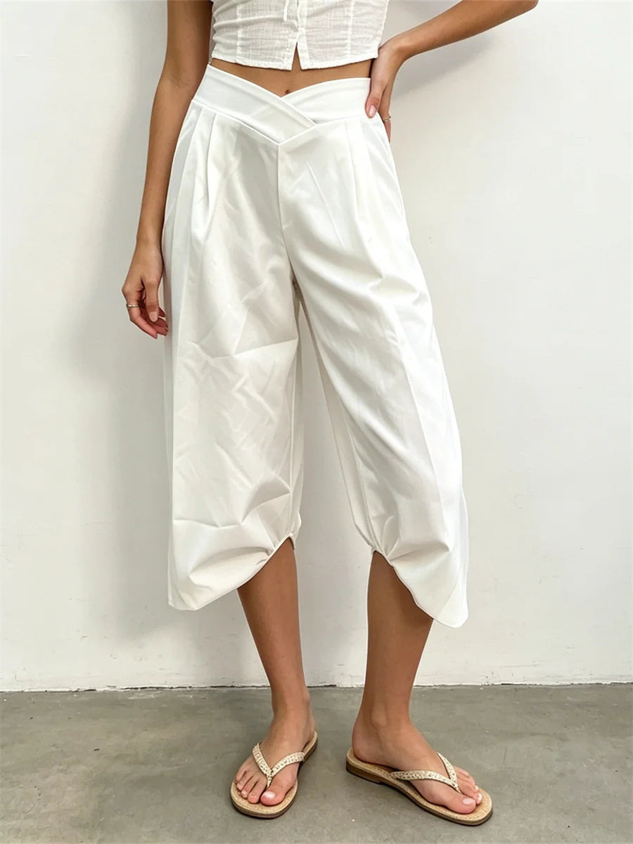 Summer Women Cargo Capri Pants Elastic Waist Cuffs Cropped Trousers with Side Pockets Fashion Casual Loose Fit Pants Streetwear