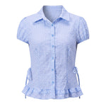 Women Plaid Shirts Button Down Puff Short Sleeve Lapel Neck Tops Fashion Slim Fit Ruffle Trim Blouses Summer