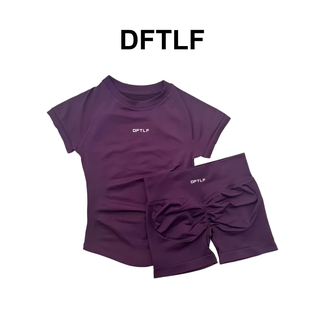 DFTLFWomen 2PCS Seamless Yoga Suit Short Sleeve Top High Waist Shorts Quick Dry Breathable Gym Fitness Running Workout Sport