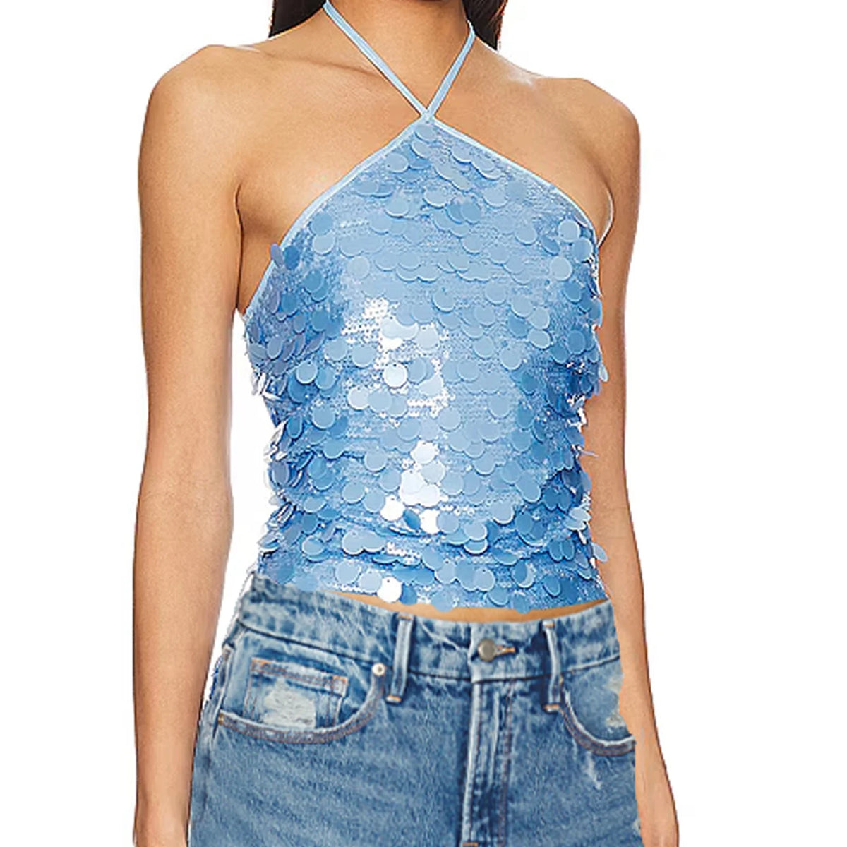 Women Solid Color Camis Tops Sequins Tie-Up Halter Neck Casual Summer Sleeveless Loose Fit Camisole Streetwear