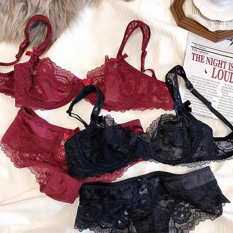 Purple Sexy Bra SetLingerie Women French Lace Thin Bra Top Support Pure Desire Wind Transparent Bra Panties Set Underwear