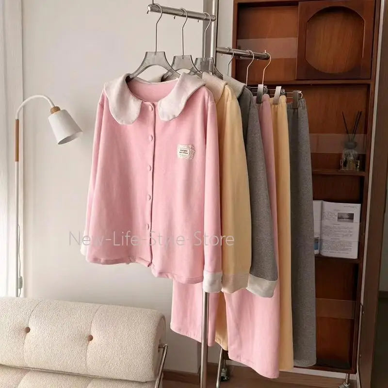 Autumn Winter Women Sleepwear, Solid Color Dralon Pajama Set, Soft Warm Doll Collar Long Sleeve & Long Pants Home Loungewear