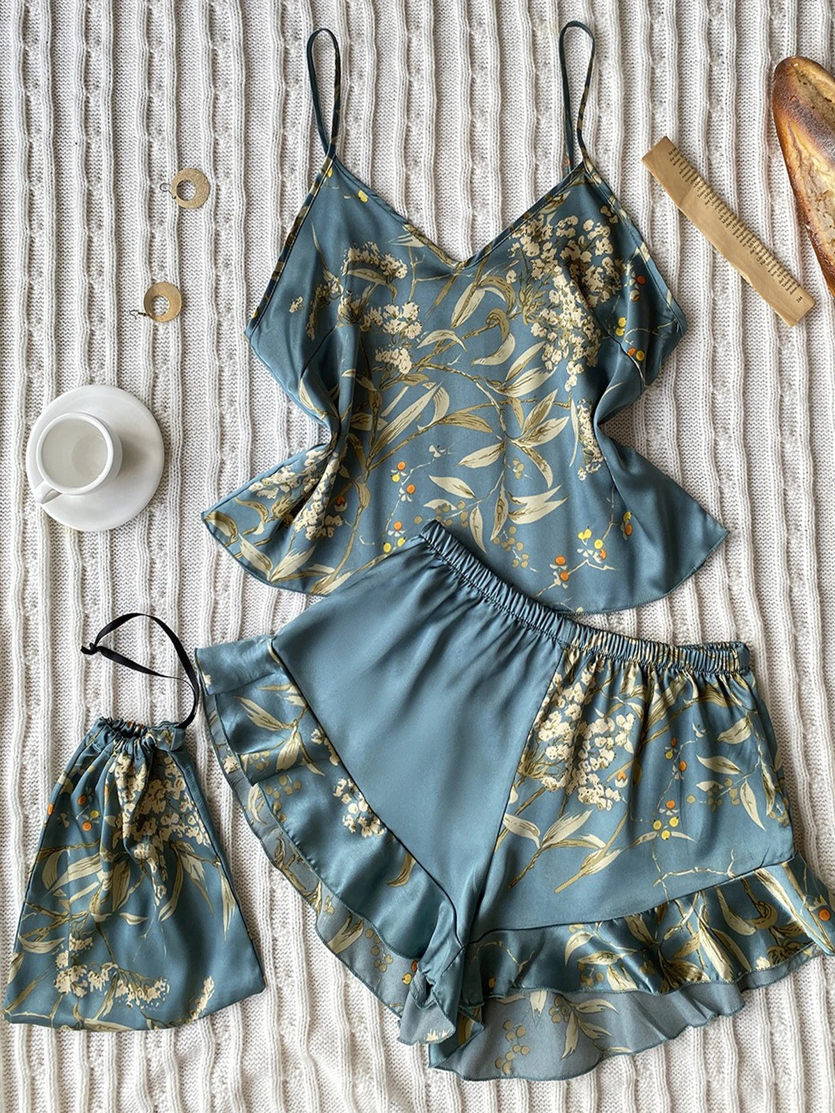 Spring Summer Silk Sleepwear Set, Fashion Print Shorts Pajamas Home Wear, Sexy Strap Dress Storage Bag, Comfortable Women's Nigh