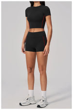 Color Contrast Yoga Suit Women Short Sleeve O Neck Sports T Shirts Tracksuit Outwear High Waist Shorts Gym Running Fitness Suits