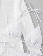 2026 Beach Skirt Swimsuit Women White Three-Piece Bikini Sexy Mesh Long Sleeve Hollow Out Bathing Suit Swimwear Summer Beachwear