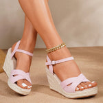 Yellow Soft Espadrille Wedge Heel Sandals Women Adjustable Ankle Strap Pink Jute Platform Summer Shoes Big Size 43