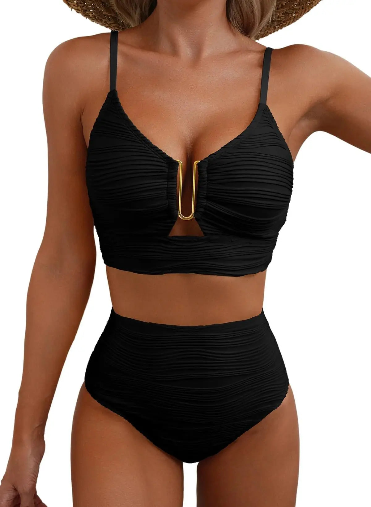 Women's New Swimsuit Bikini Set Fashion Sexy V-neck Hollow Swimsuit High Waist Textured Ruffled Swimsuit Women's Bikini Women