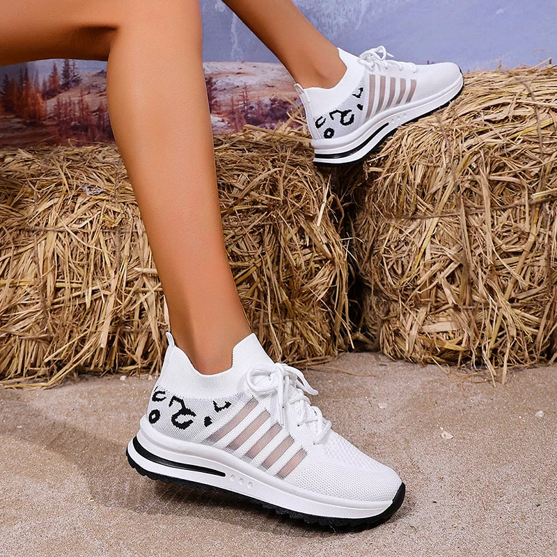 2026 Hollow Out Breathable Sneakers Women Plus Size Printed Thick Sole Walking Shoes Woman Comfortable Knitted Flats Female