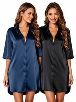Women Sleepwear 2 Sets Nightshirt Simple Satin Shirt Dress Collared 3/4 Sleeve Button Down Loose Sexy Ladies Night Loungewear
