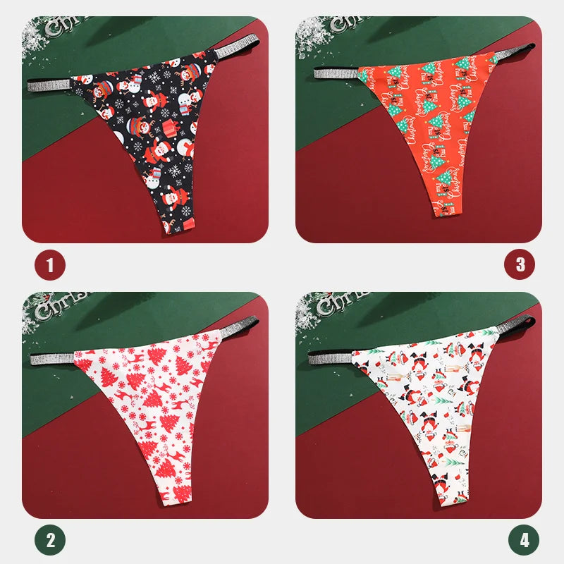 4Pcs Christmas Print Underwear Breathable Shiny Belt Thong Women Skin-friendly Fashionable Casual Christmas Gifts