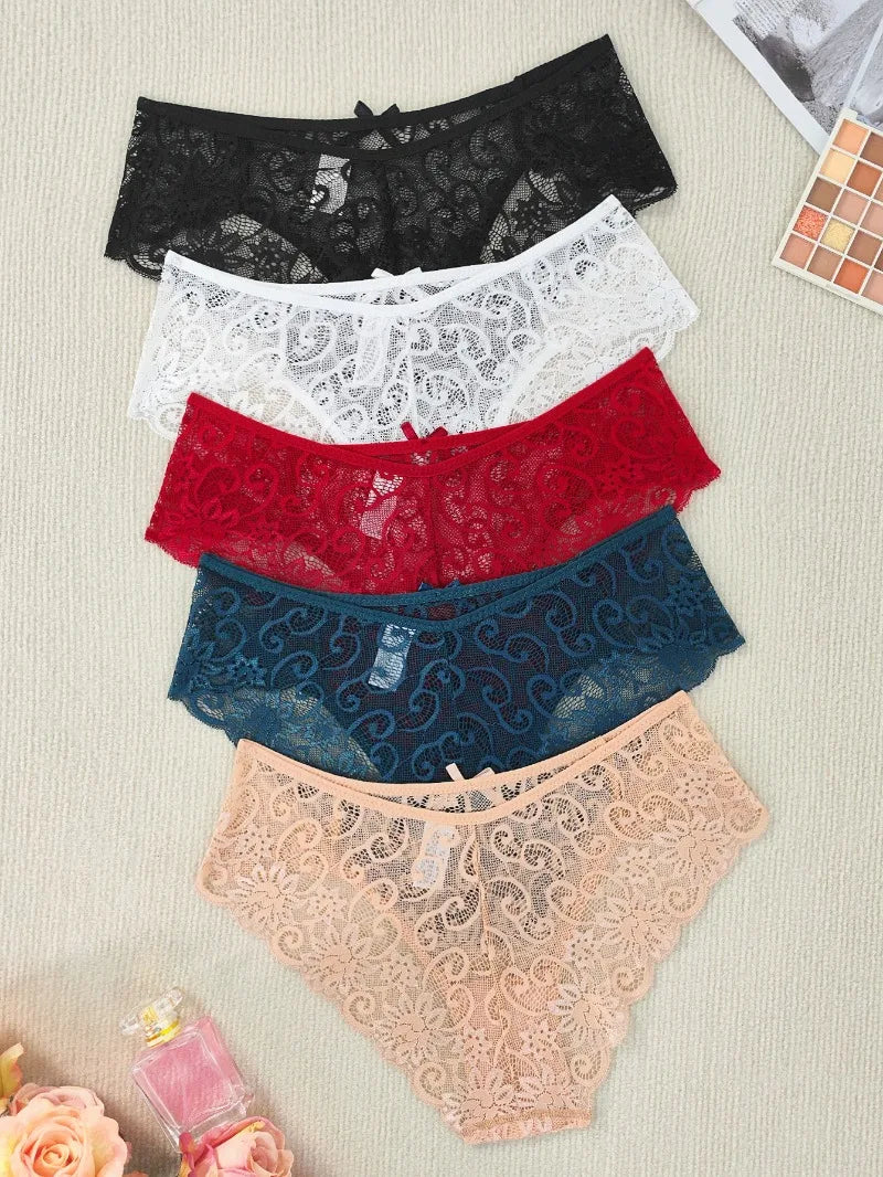 5pcs Sexy Lace Women's Panties Bow Decor Comfortable Breathable Lady Briefs Elegant Sexy Lingerie Solid Fashion Female Underwear
