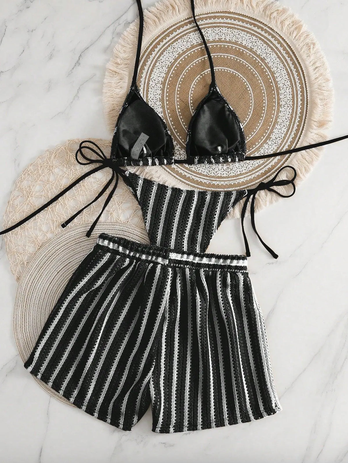 Sexy Black White Patchwork Bikini Set 2026 Women Striped High Waist Shorts 3 Piece Swimsuit Summer Push Up Bathing Suit Swimwear