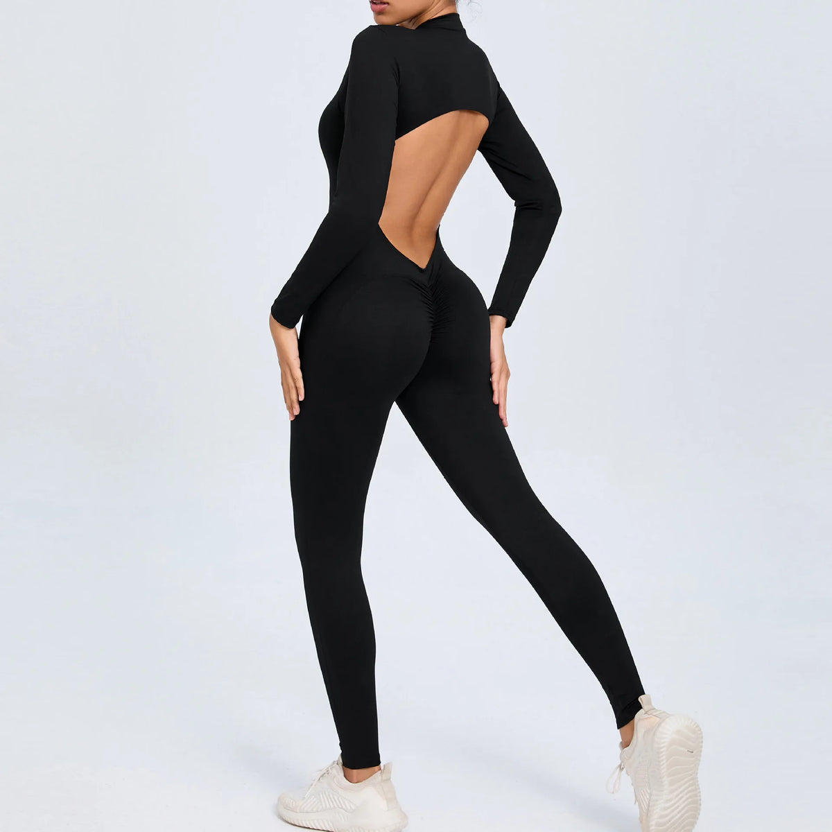 Women's Seamless Yoga Bodysuit Long Sleeve Zipper & Back Cutout Naked Feeling Quick-Dry Running Fitness Workout Jumpsuit