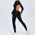 Women's Seamless Yoga Bodysuit Long Sleeve Zipper & Back Cutout Naked Feeling Quick-Dry Running Fitness Workout Jumpsuit