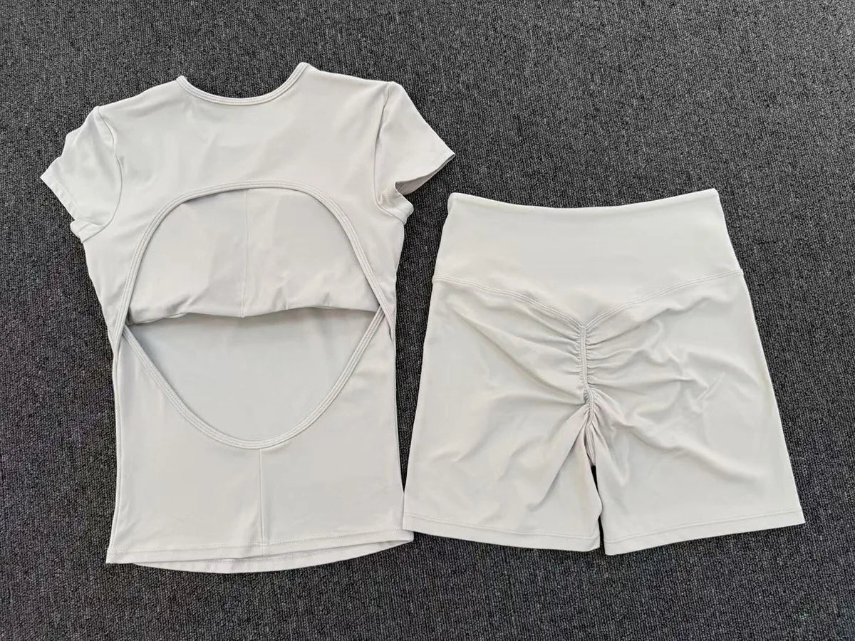 Tight Invisible Wrinkle Yoga Sets Women Short Sleeve O Neck Hollow Back Sports Tank Top Butt-Lifting Shorts Gym Fitness Suits