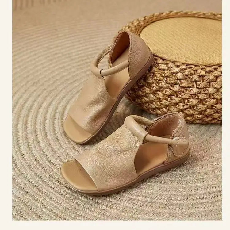 New Women's Peep Toe Flat Sandals - Retro Soft Leather Breathable Comfortable Versatile Casual Shoes 2026