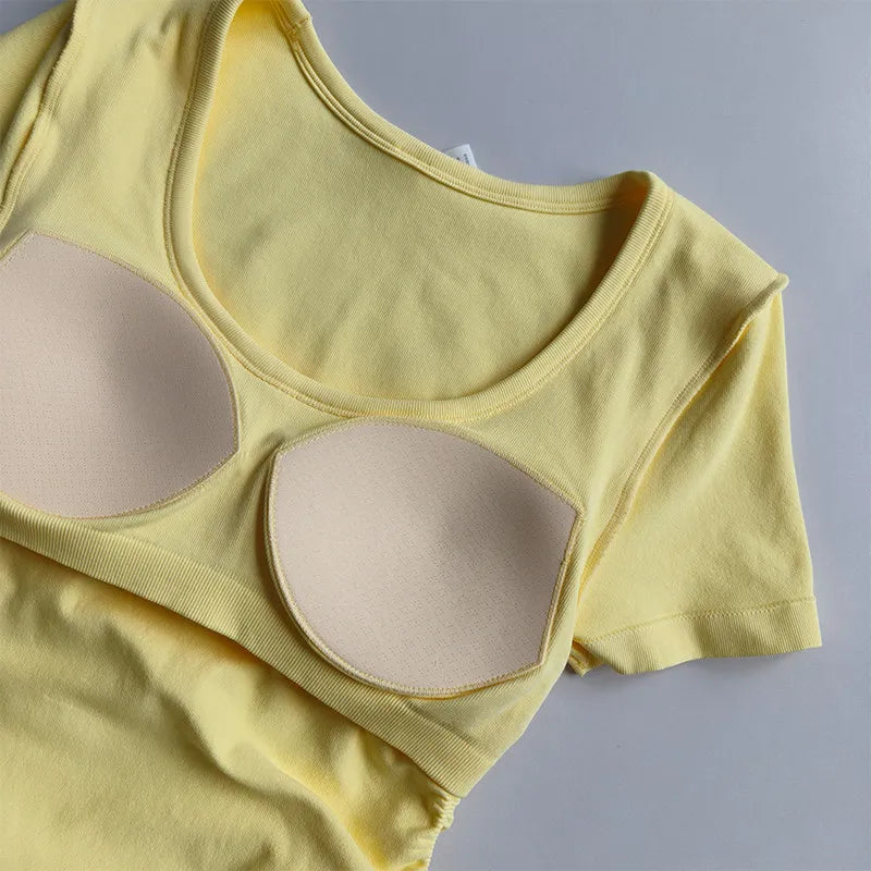 Big round Neck Yoga T-Shirt Short-Sleeved Slimming Sports Top with Fixed Chest Cushion for Running Pilates Summer Stretch