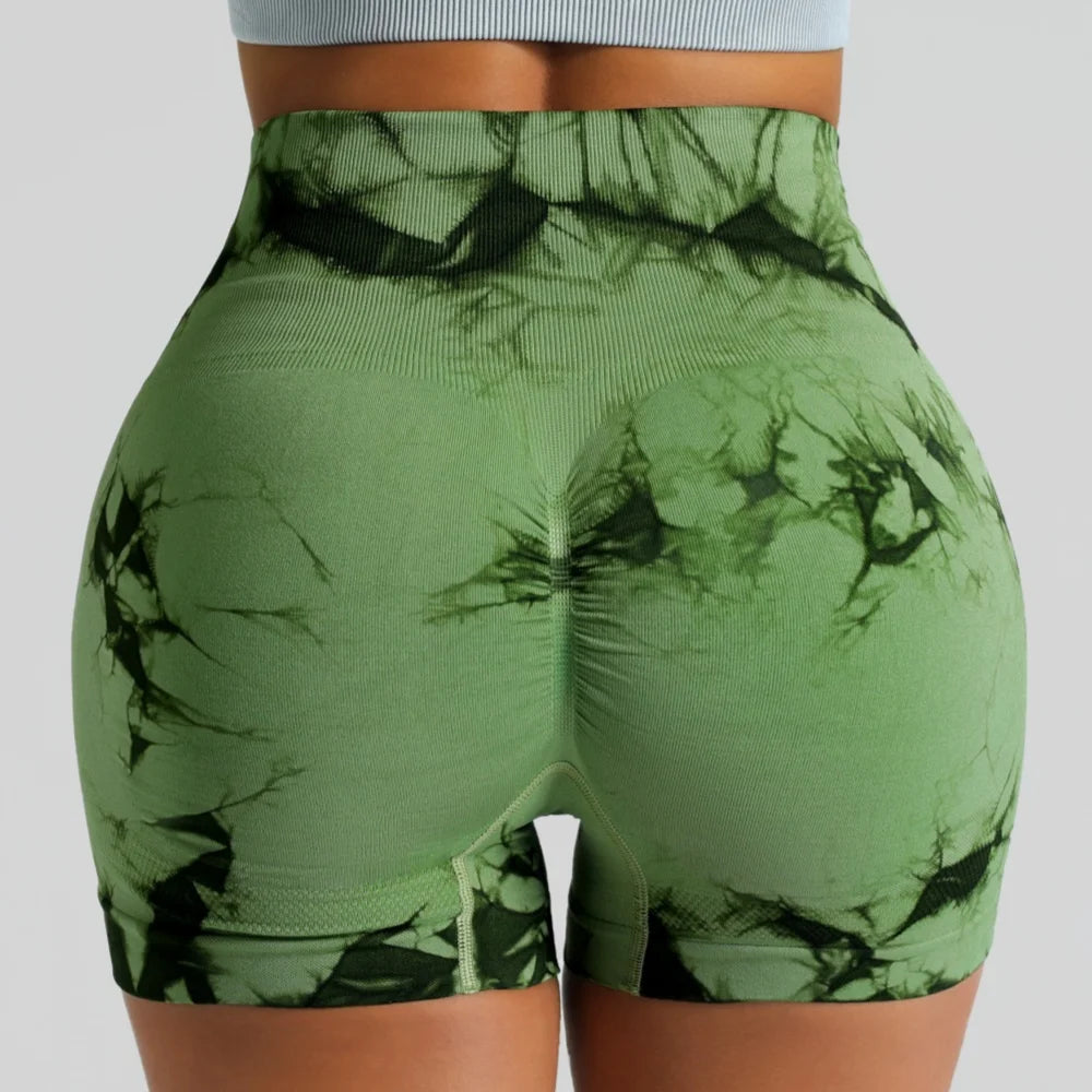 Tie Dye High Waisted Butt Lifting Yoga Shorts for Women, Breathable Sport Shorts with Four-Way Stretch - Gym, Running, Workout